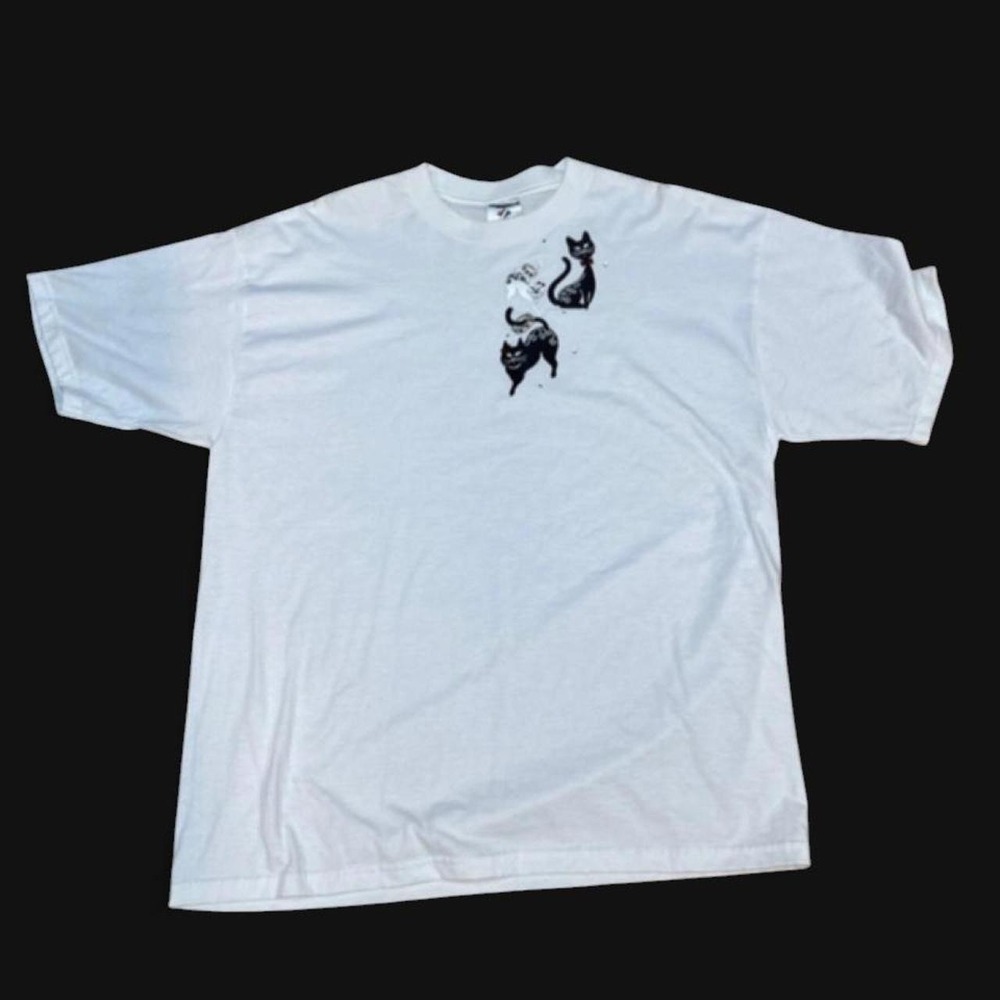 Vintage Cottagecore Cat Graphic Tee White XL Whimsical Linocut Sketch Art T